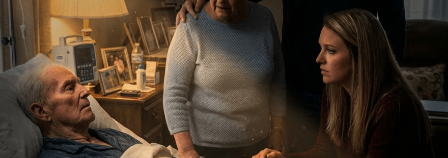 Family members gathered around an elderly man in a hospital bed, holding his hand.
