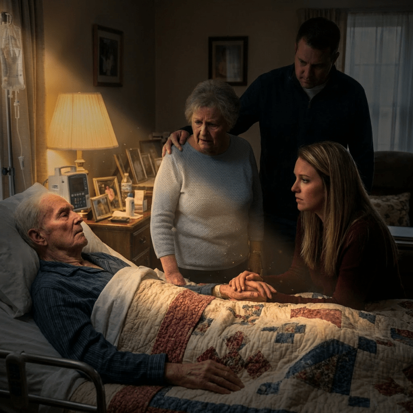 Family members gathered around an elderly man in a hospital bed, holding his hand.