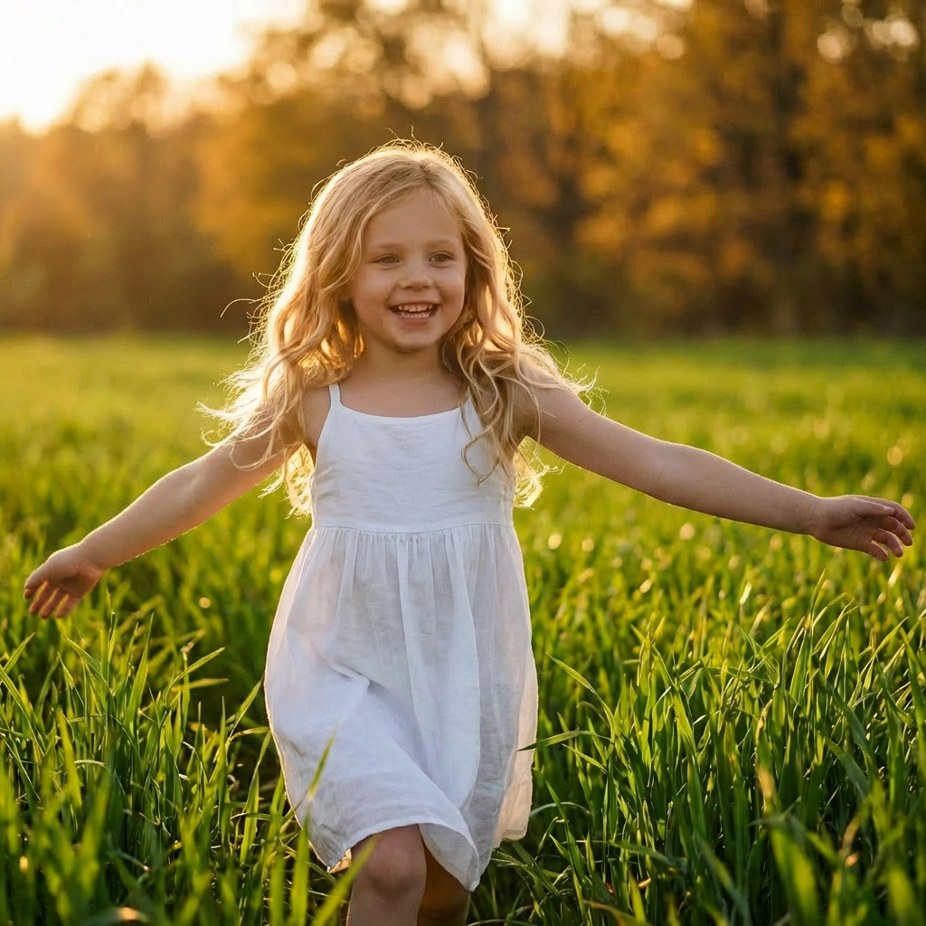 Laughing woman with outstretched arms in a golden sunset field